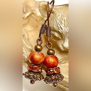 Orange Crystal Textured Spectra Antique Copper Tone Bali Style Dangle Earrings